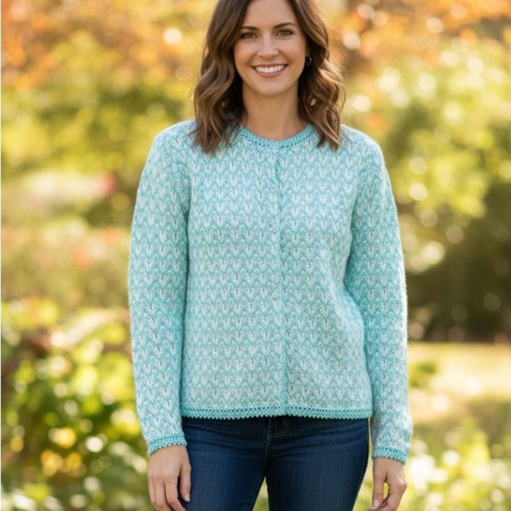 VINTAGE Aqua Blue Scalloped Crochet Cardigan Sweater